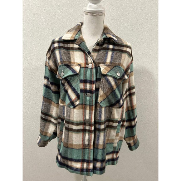 Zara Jackets & Blazers - ZARA Oversized Plaid Flannel Shirt Jacket Women XS Green Brown Cream Button Up